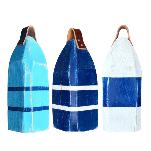 13" Distressed Maine Buoy Centerpiece with Leather Strap in Teal, Blue and Navy, Nautical Decor, Beach House Decor