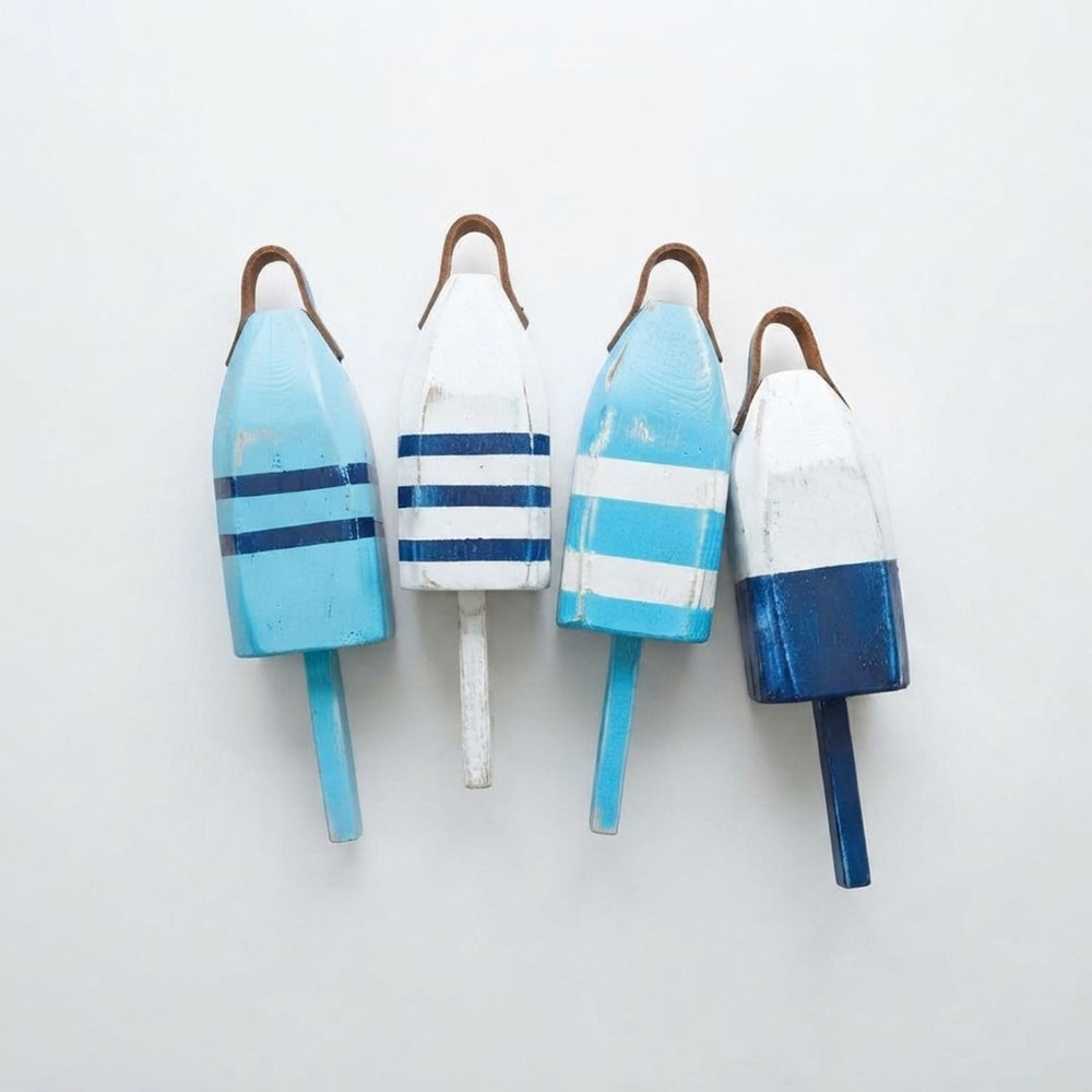 14" Distressed Maine Wooden Buoy with Leather Strap in Light Blue, Teal, Navy and White, Nautical Decor, Beach House Decor