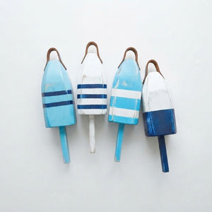 14" Distressed Maine Wooden Buoy with Leather Strap in Light Blue, Teal, Navy and White, Nautical Decor, Beach House Decor