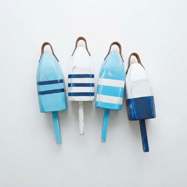 14" Distressed Maine Wooden Buoy with Leather Strap in Light Blue, Teal, Navy and White, Nautical Decor, Beach House Decor