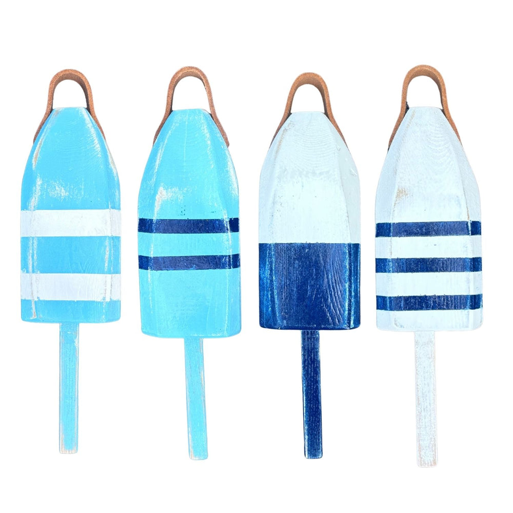 14" Distressed Maine Wooden Buoy with Leather Strap in Light Blue, Teal, Navy and White, Nautical Decor, Beach House Decor