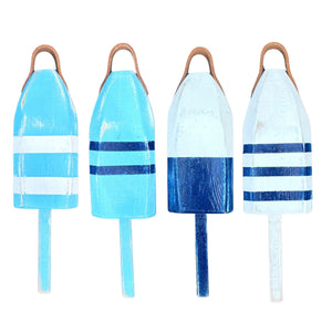 14" Distressed Maine Wooden Buoy with Leather Strap in Light Blue, Teal, Navy and White, Nautical Decor, Beach House Decor