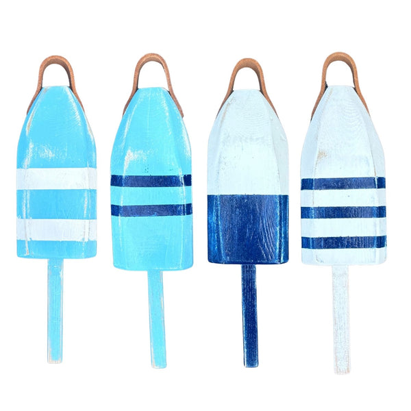 14" Distressed Maine Wooden Buoy with Leather Strap in Light Blue, Teal, Navy and White, Nautical Decor, Beach House Decor
