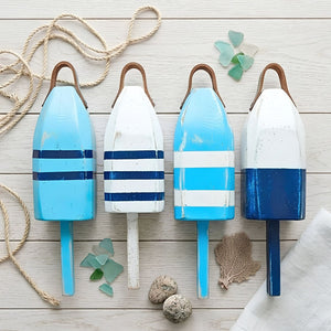 14" Distressed Maine Wooden Buoy with Leather Strap in Light Blue, Teal, Navy and White, Nautical Decor, Beach House Decor