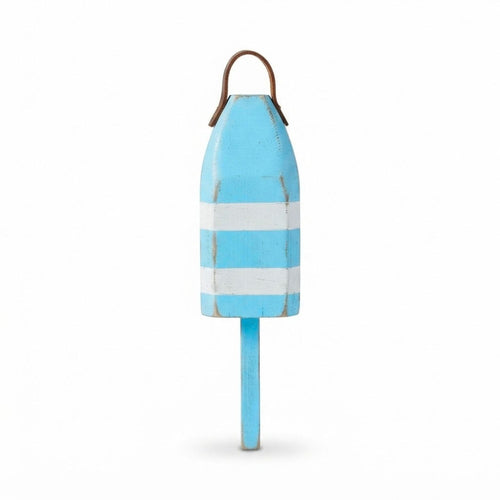 14" Distressed Maine Wooden Buoy with Leather Strap, Light Blue and White Buoy, Nautical Decor, Beach House Decor