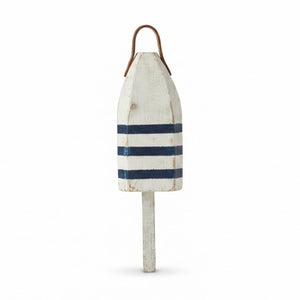 14" Distressed Maine Wooden Buoy with Leather Strap, White and Navy Stripe Buoy, Nautical Decor, Beach House Decor
