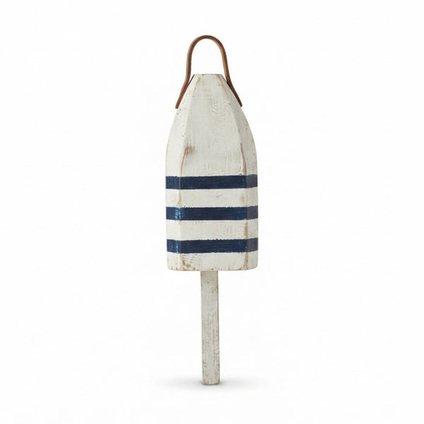 14" Distressed Maine Wooden Buoy with Leather Strap, White and Navy Stripe Buoy, Nautical Decor, Beach House Decor