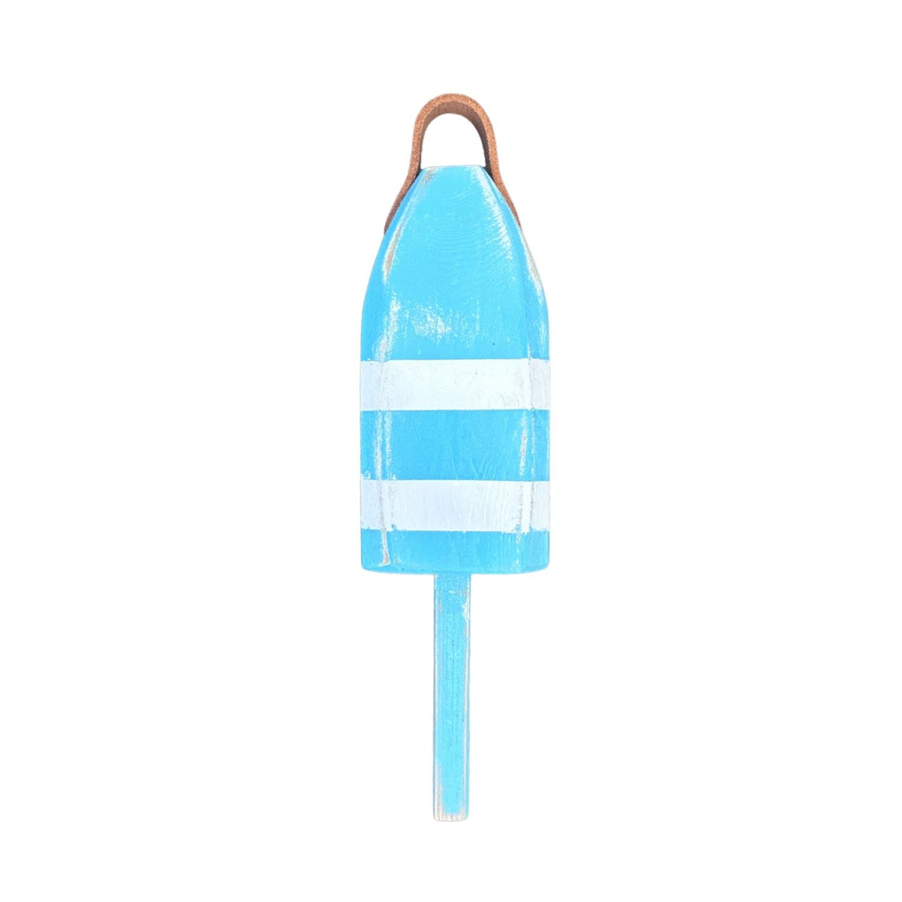 14" Distressed Maine Wooden Buoy with Leather Strap in Light Blue, Teal, Navy and White, Nautical Decor, Beach House Decor