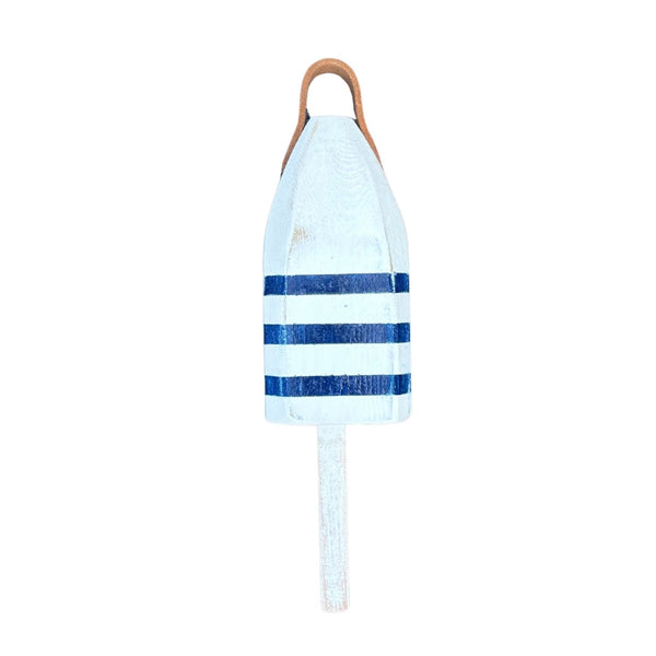 14" Distressed Maine Wooden Buoy with Leather Strap, White and Navy Stripe Buoy, Nautical Decor, Beach House Decor