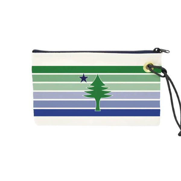 Weatherproof canvas zippered wristlet featuring a bold gradient design and iconic Maine flag motif, with a navy wrist strap and washable interior, blending coastal style with everyday functionality.