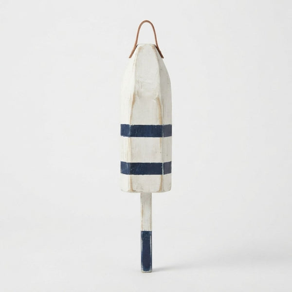 21" Leather-Strapped Wood Buoy - Made in Maine, White and Navy Striped Buoy, Nautical Decor, Beach House Decor