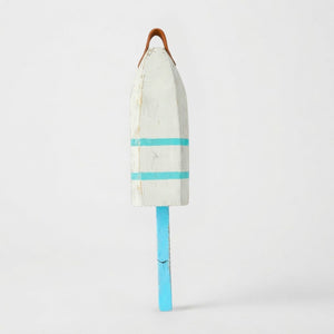 21" Leather-Strapped Wood Buoy - Made in Maine, White and Teal Striped Buoy, Nautical Decor, Beach House Decor