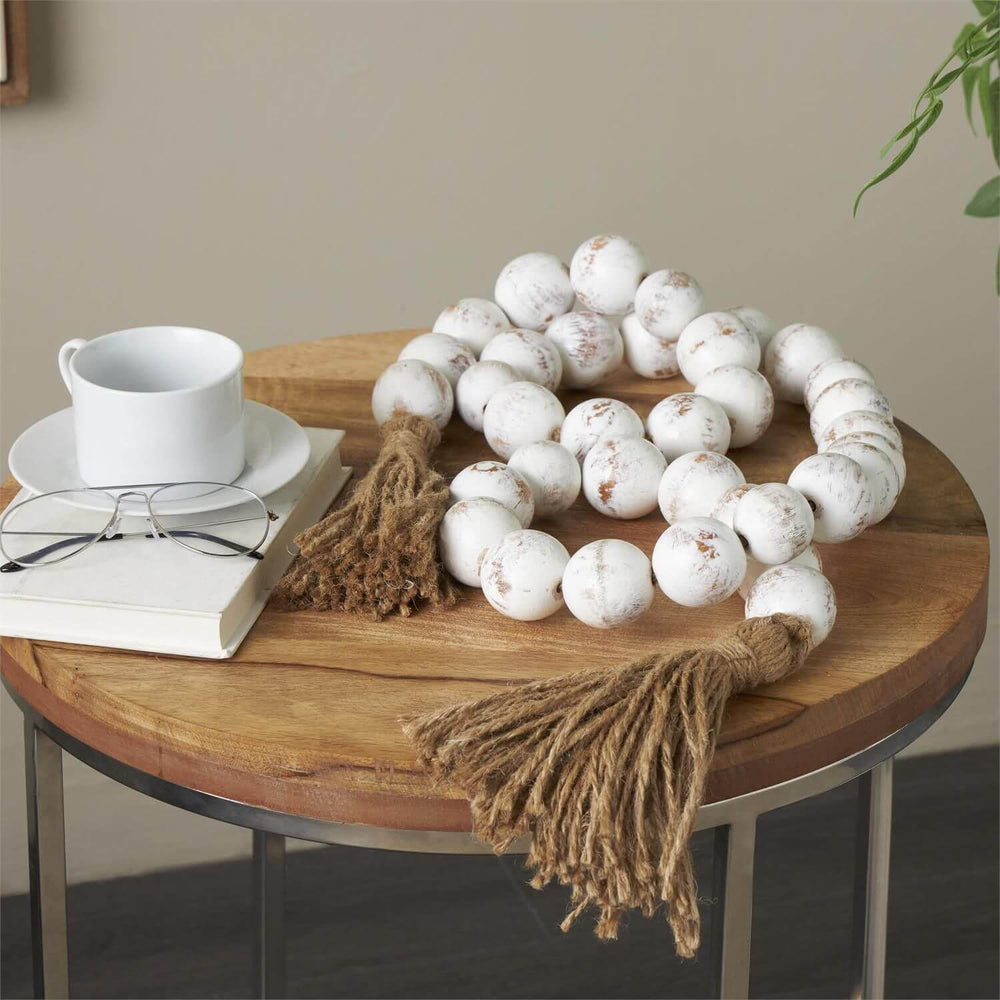 Cream Distressed Beaded Garland with Tassel, 76"