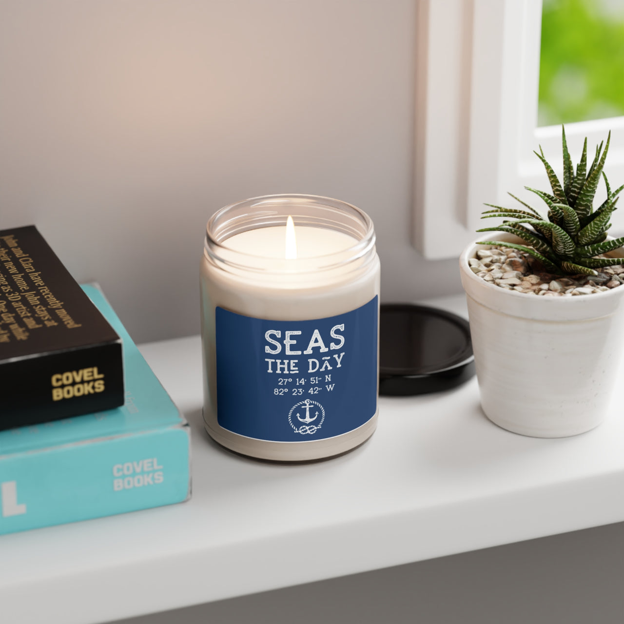 Lighted Personalized Soy Candle, Seas The Day Print, 9oz, 4 Scents