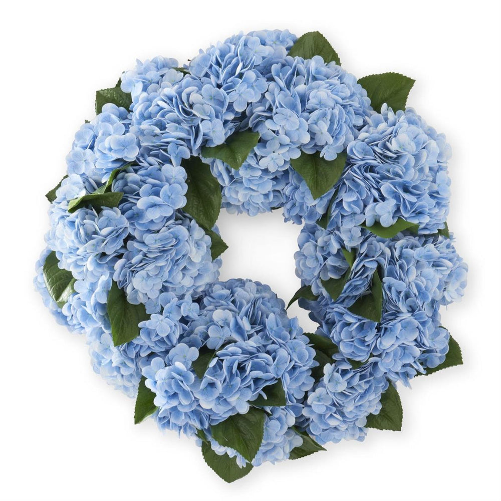 Real-touch blue hydrangea wreath, structured and durable, perfect for front doors or indoor styling