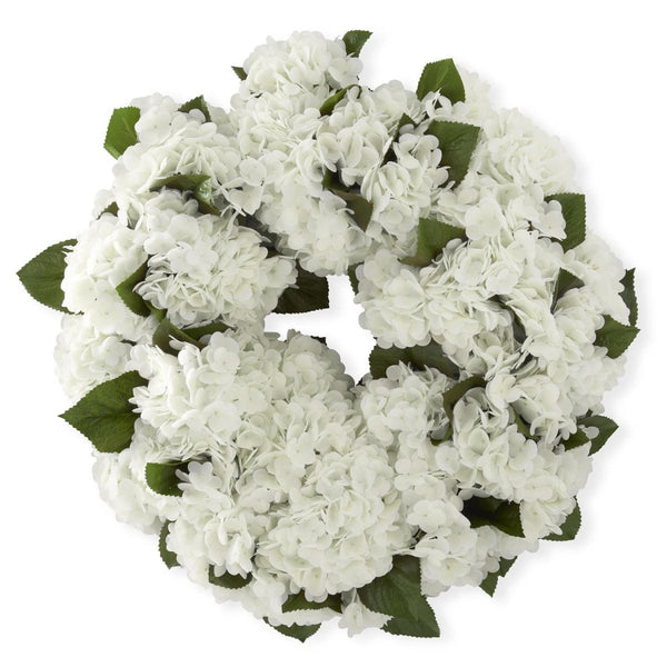 White hydrangea wreath, 24-inch, soft flexible petals, adds fresh, crisp look to entryways or indoor spaces.