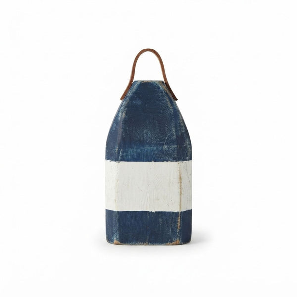 9" Distressed Maine Buoy Centerpiece with Leather Strap in Navy and White, Nautical Decor, Beach House Decor
