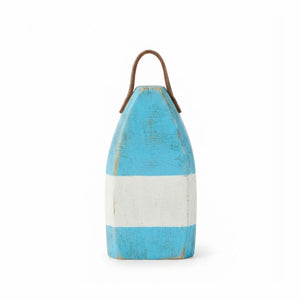 9" Distressed Maine Buoy Centerpiece with Leather Strap in Soft Teal and White, Nautical Decor, Beach House Decor