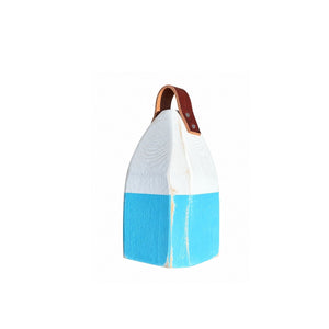 9" Distressed Maine Buoy Centerpiece with Leather Strap in White and Light Blue, Nautical Decor, Beach House Decor