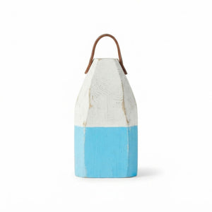 9" Distressed Maine Buoy Centerpiece with Leather Strap in White and Light Blue, Nautical Decor, Beach House Decor