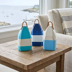 9" Distressed Maine Buoy Centerpiece with Leather Strap in Light Blue, Teal, Navy and White, Nautical Decor, Beach House Decor