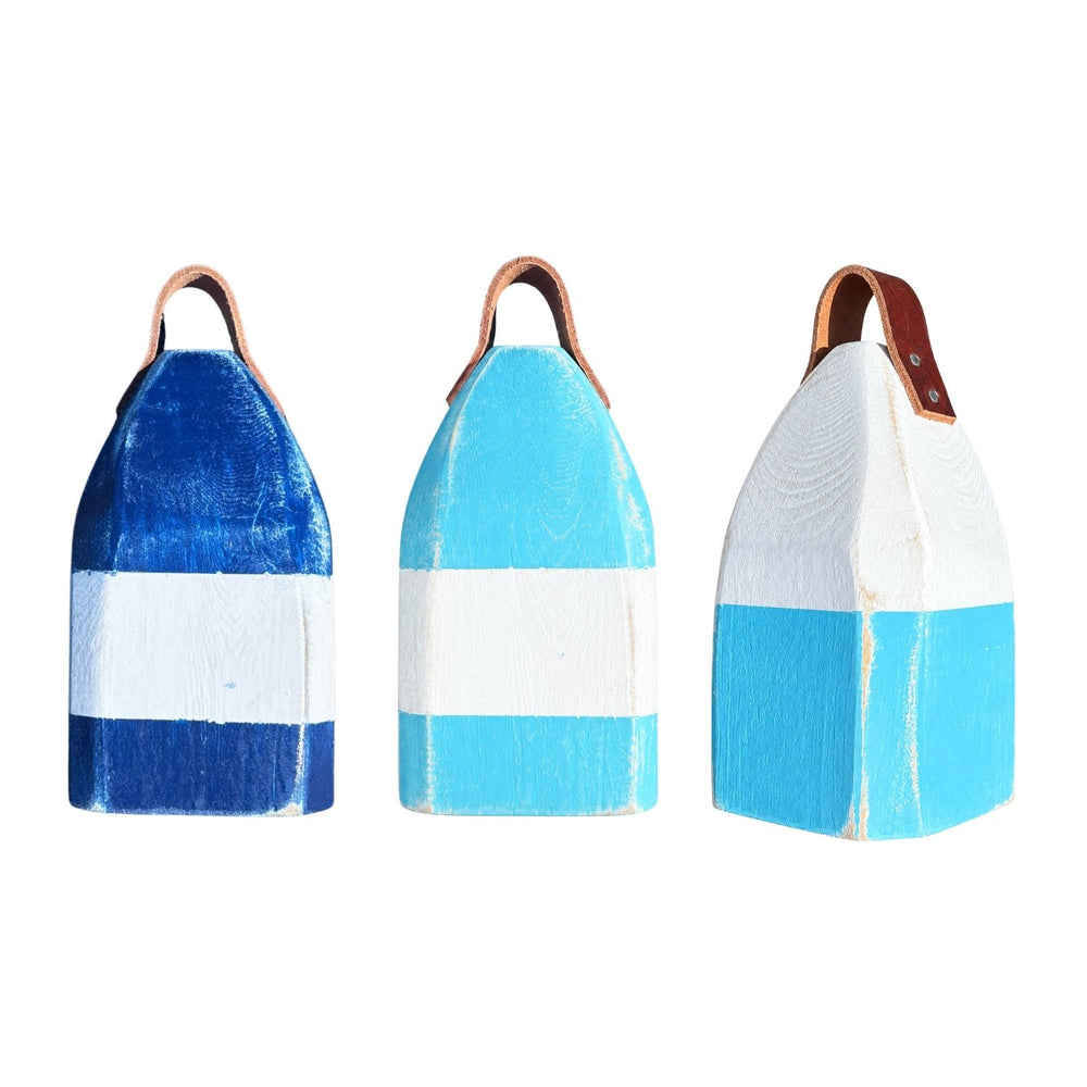 9" Distressed Maine Buoy Centerpiece with Leather Strap in Light Blue, Navy and White, Nautical Decor, Beach House Decor