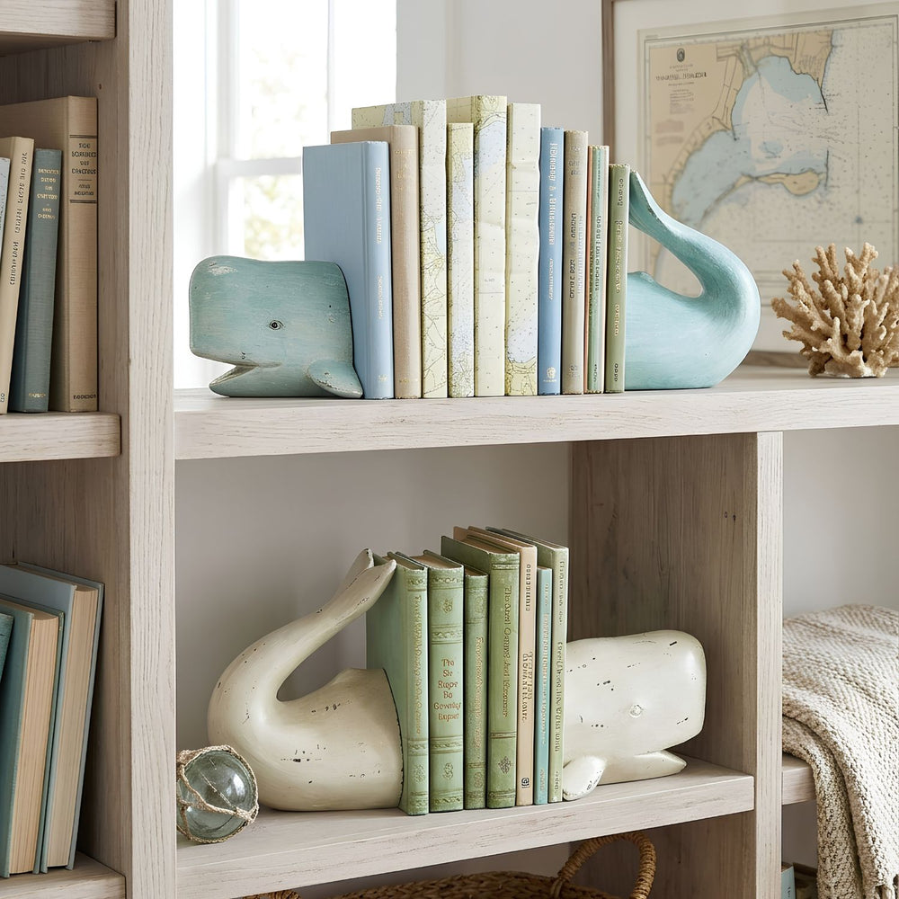 Teal And White Distressed Whale Bookends Set With Curved Whale Tails, Nautical Bookends, Coastal Shelf Decor And Ocean Lover Gift