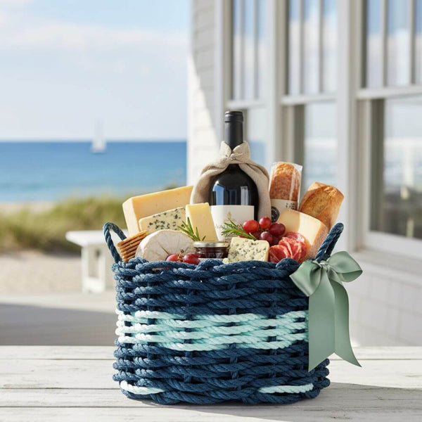 Strong handwoven basket crafted from heavy-duty polystyle rope, ideal for organizing, decorating, or carrying essentials at the beach or on picnics.”