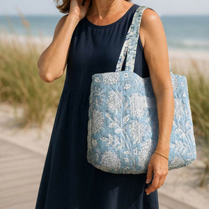 Adare Blue Tote Bag, Quilted Tote, 18" x 13" Coastal Carryall