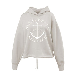 Maine Hoodies, Coastal Hoodies, Women's Maine Sweatshirts, Cream Hoodie with Anchor Graphic and All Is Wells Maine Design