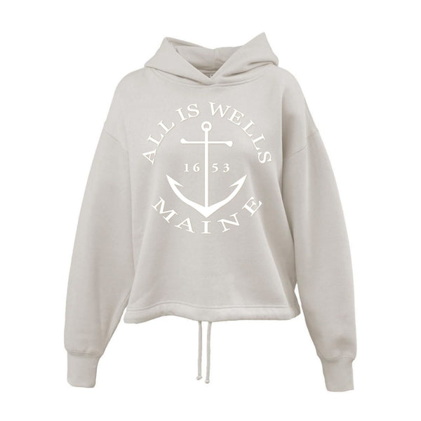 Maine Hoodies, Coastal Hoodies, Women's Maine Sweatshirts, Cream Hoodie with Anchor Graphic and All Is Wells Maine Design