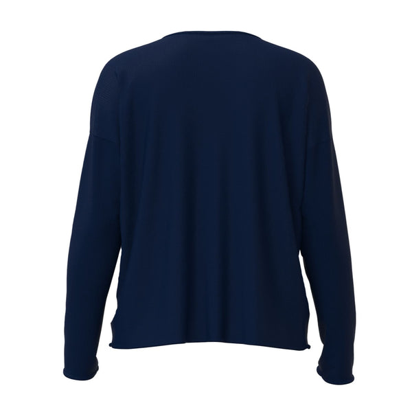All Is Wells Soft V-Neck Sweater In Navy And Natural Back View, Maine Coastal Gifts, Maine Print Sweaters
