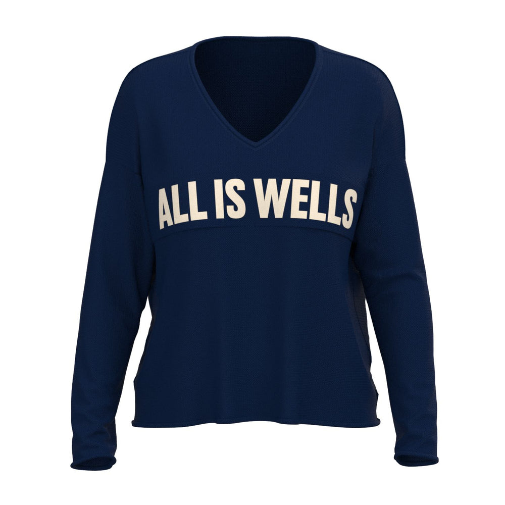 All Is Wells Soft V-Neck Sweater In Navy And Natural With Front Lettering, Maine Coastal Gifts, Maine Print Sweaters