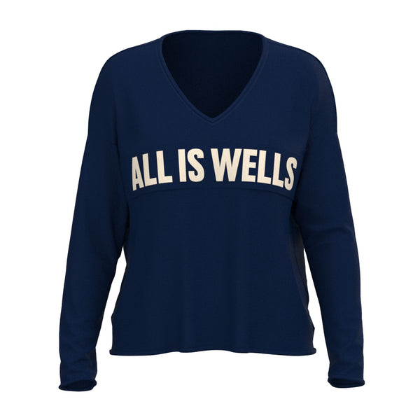 All Is Wells Soft V-Neck Sweater In Navy And Natural With Front Lettering, Maine Coastal Gifts, Maine Print Sweaters