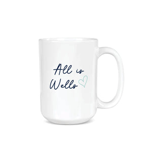 All Is Wells Ceramic Mug In White Stoneware With Navy Script And Aqua Heart, Maine Coastal Gifts, Beach Coffee Mugs