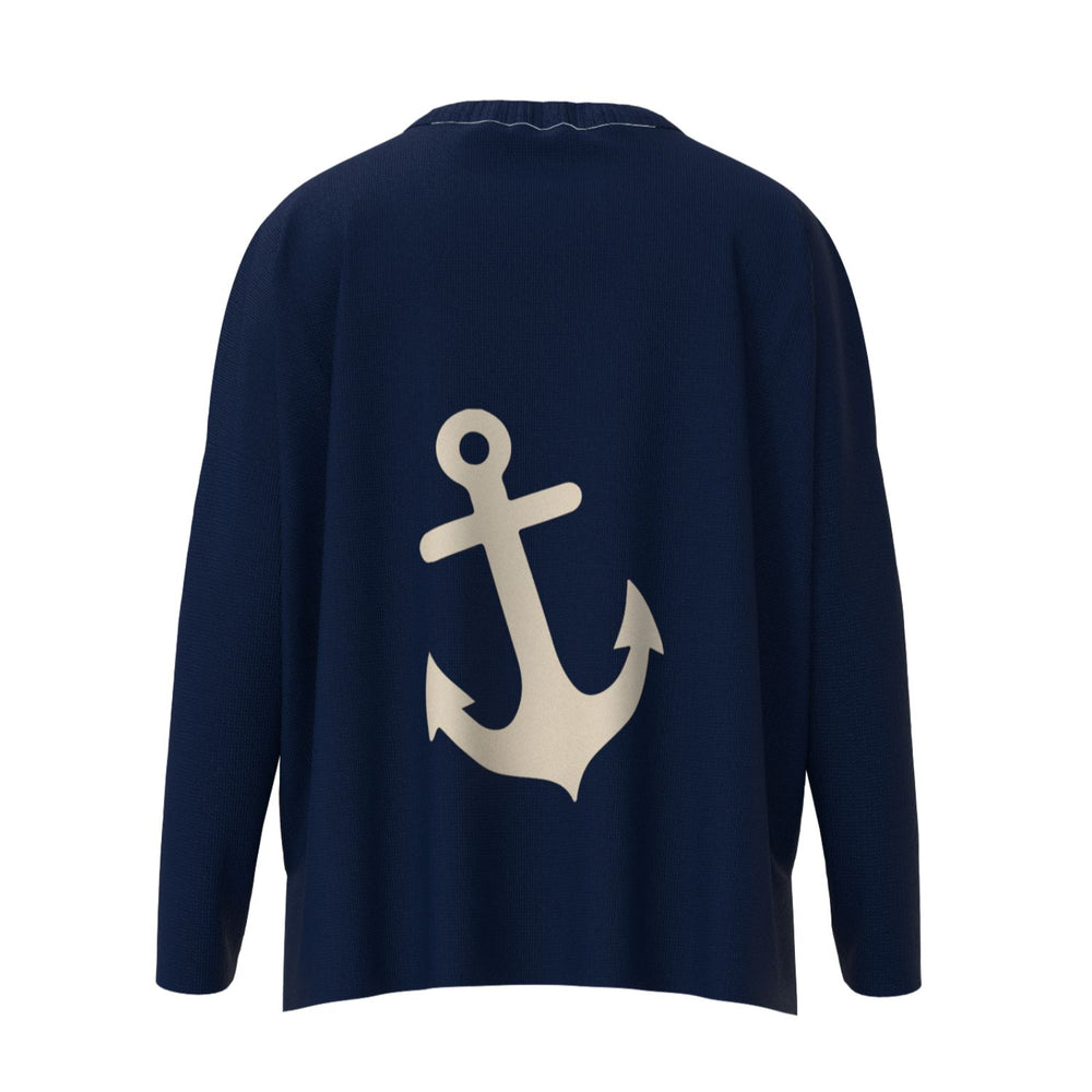 Wells Maine Anchor Icon Sweater In Navy And Natural With Wells Maine Front Print, Maine Coastal Gifts, Maine Print Sweaters