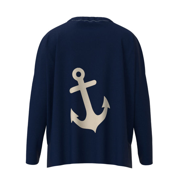 Wells Maine Anchor Icon Sweater In Navy And Natural With Natural Anchor Back Graphic, Maine Nautical Gifts, Maine Print Sweaters