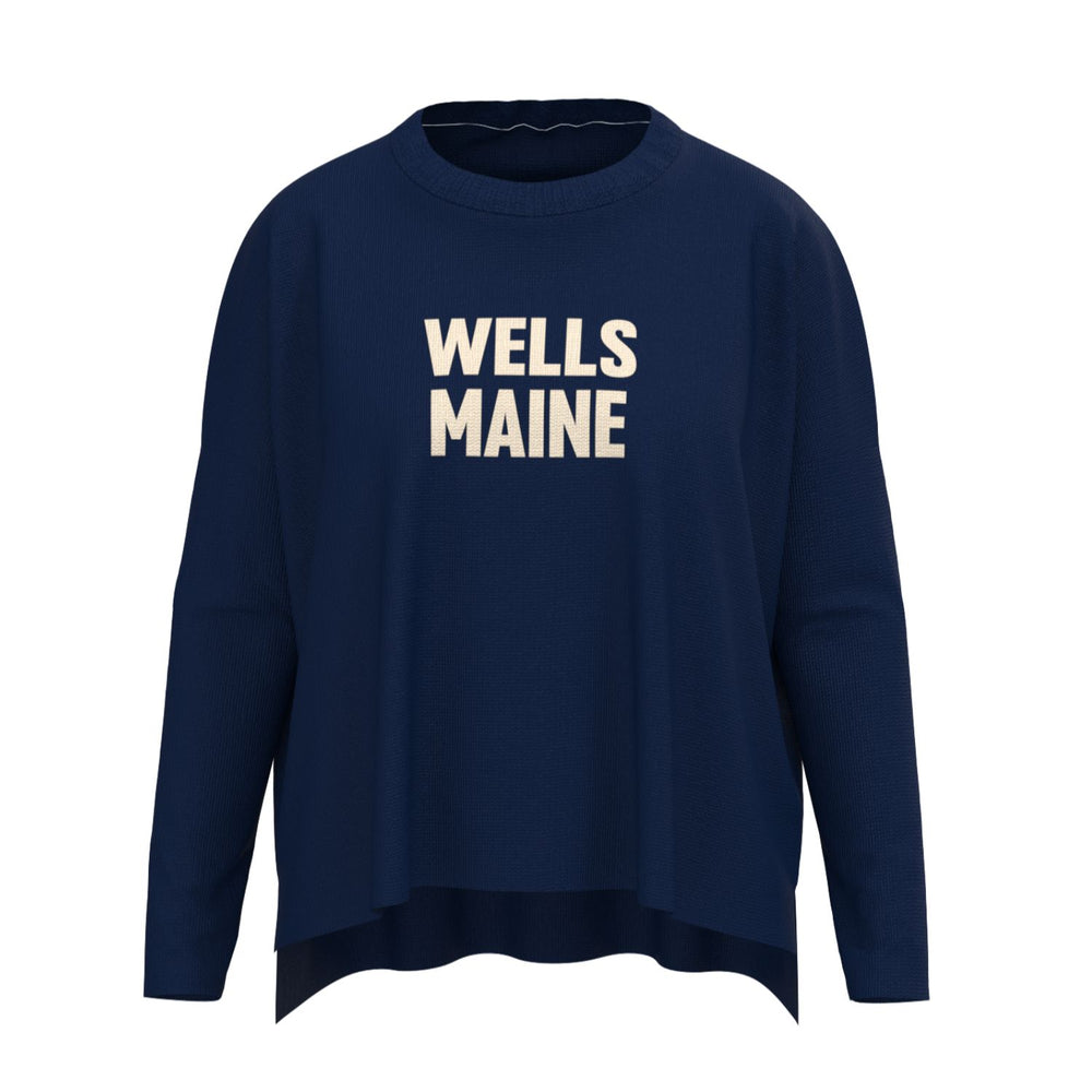 Wells Maine Anchor Icon Sweater In Navy And Natural With Wells Maine Front Print, Maine Coastal Gifts, Maine Print Sweaters