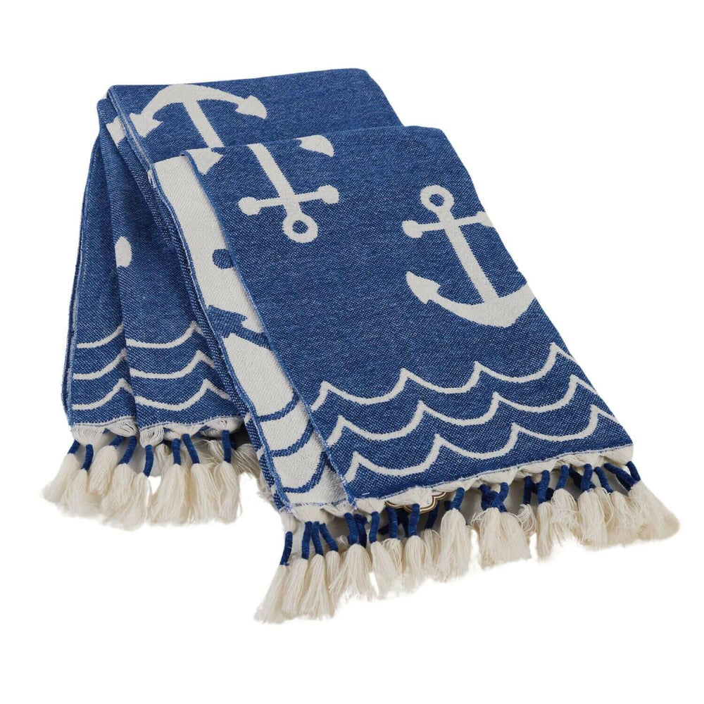 Coastal Throw Blanket, Anchor Print Tassel Throw