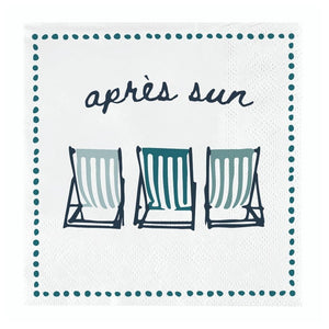 White 5-inch paper cocktail napkin with “après sun” script and striped beach chair design, bordered in teal dots.