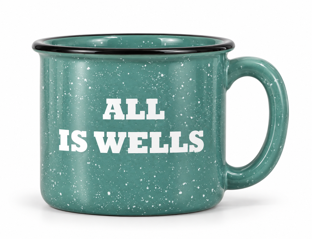 Aqua Speckled Ceramic Camp Mug With Etched All Is Wells Design, Beach House Coffee Mugs, Maine Coastal Mugs, Maine Nautical Gifts