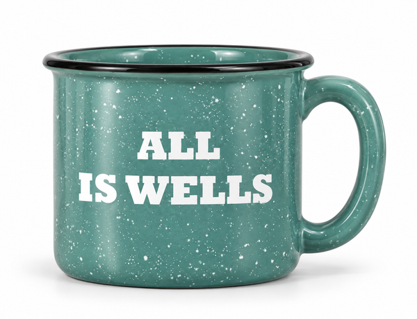 Aqua Speckled Ceramic Camp Mug With Etched All Is Wells Design, Beach House Coffee Mugs, Maine Coastal Mugs, Maine Nautical Gifts