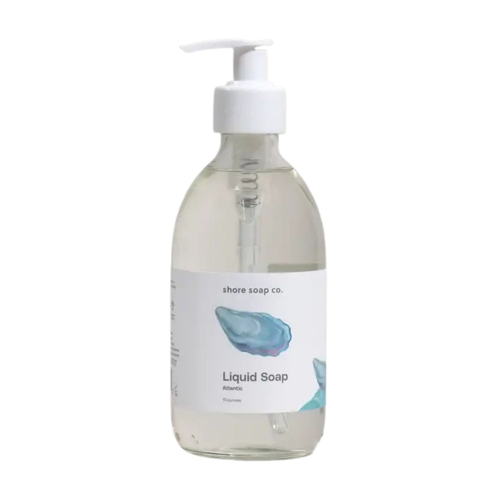 Atlantic Liquid Hand Soap with Glass Dispenser, White Pump and Oyster Shell Label, Coastal Bath and Body Product