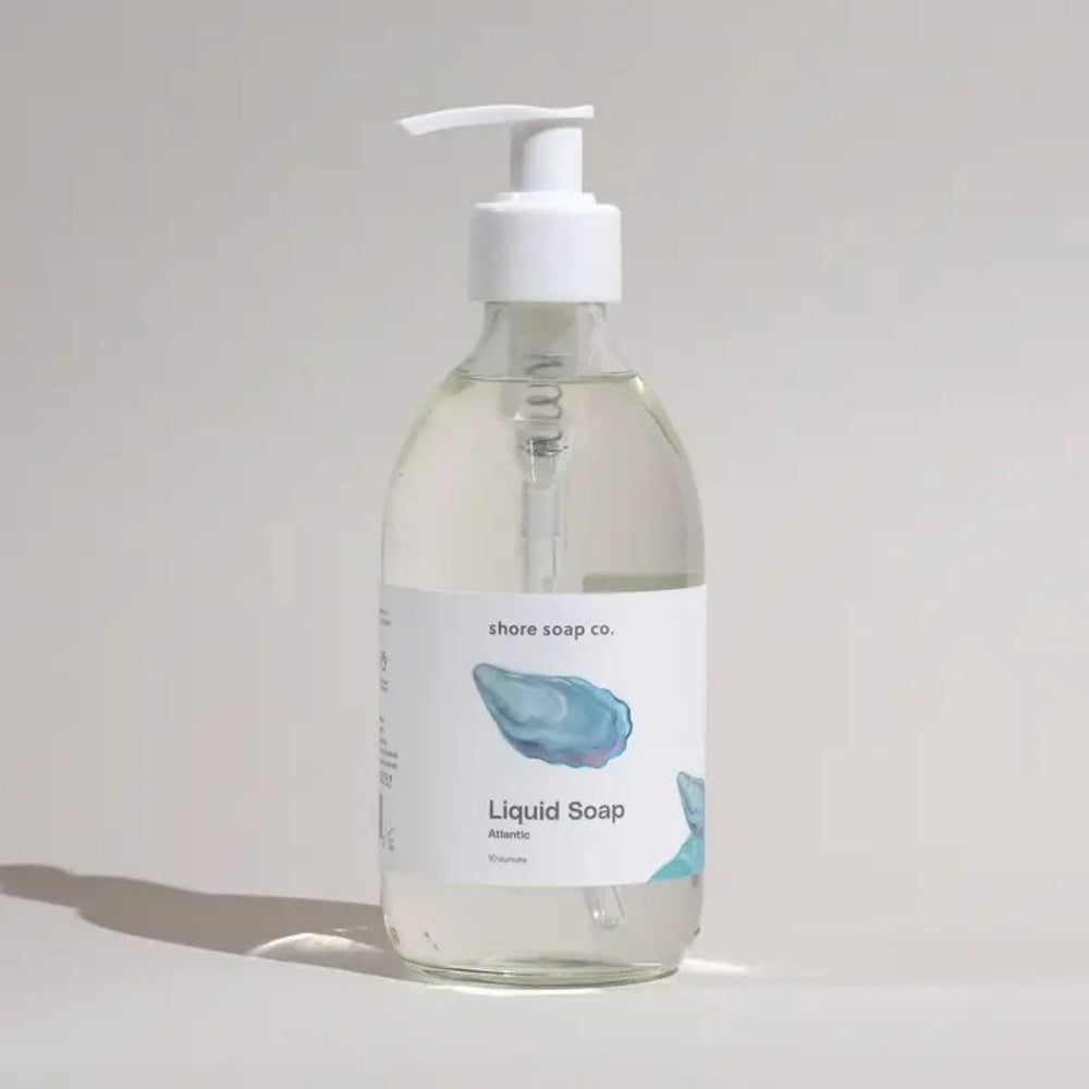 Atlantic Liquid Hand Soap with Glass Dispenser, White Pump and Oyster Shell Label, Coastal Bath and Body Product