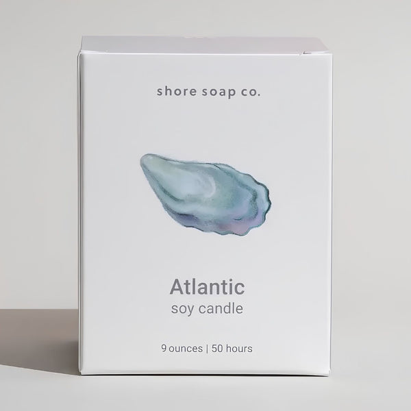 Atlantic Soy Candle Box with Oyster Shell Illustration and 50 Hour Burn Time Details, Front View