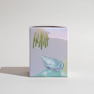 Atlantic Soy Candle Packaging Side View with Oyster Shell Illustration and Coastal Watercolor Design