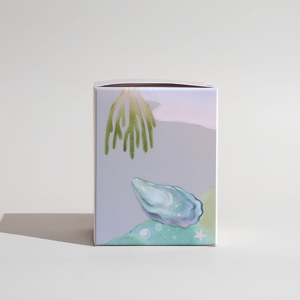 Atlantic Soy Candle Packaging Side View with Oyster Shell Illustration and Coastal Watercolor Design