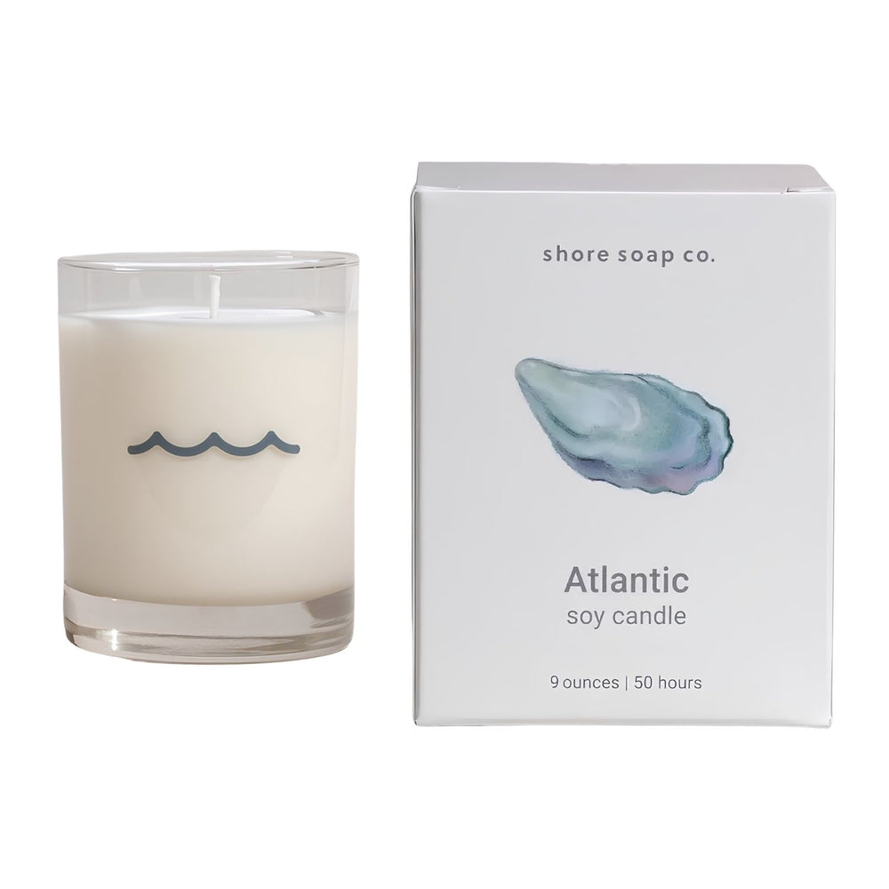 Atlantic Scented Soy Candle with Oyster Shell Design Gift Box on White Background, Beach House Gift