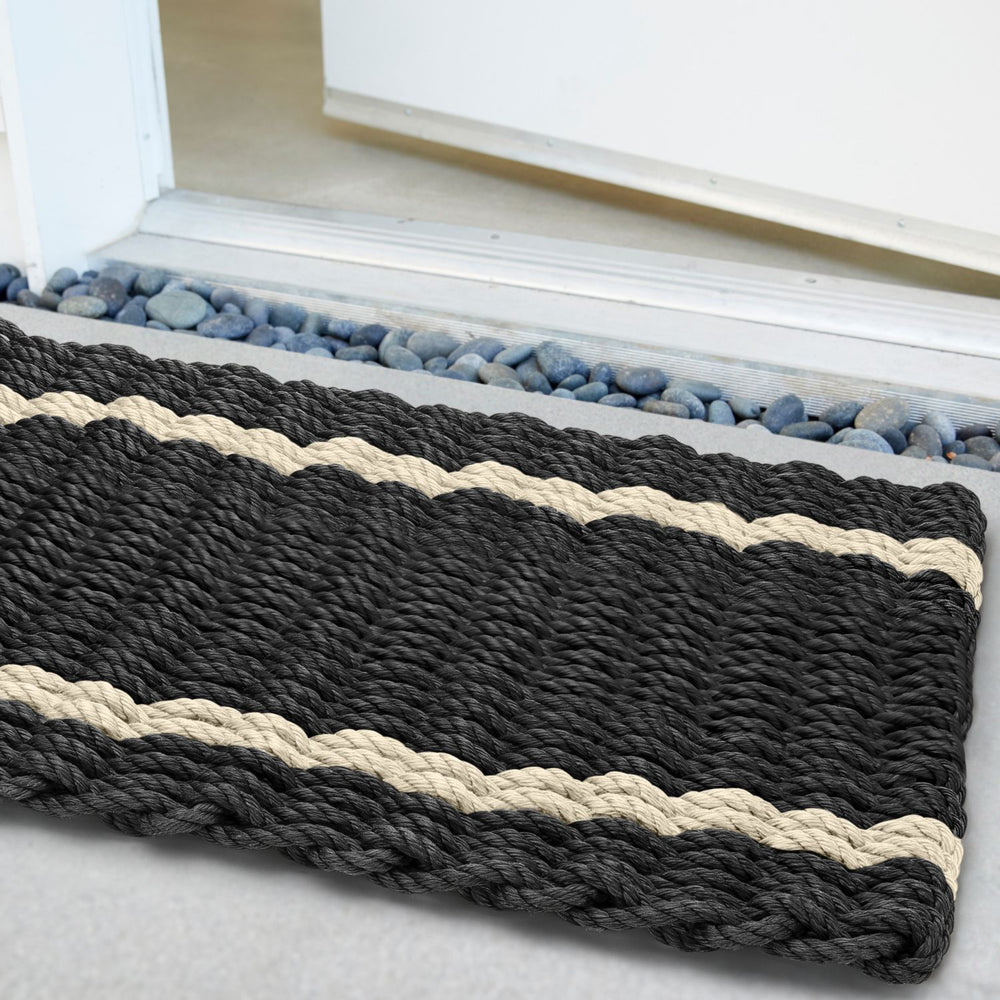 Lobster Rope Outdoor Mat, Wicked Good Doormats in Black with Light Tan Tailored Stripes, Front Door Mat