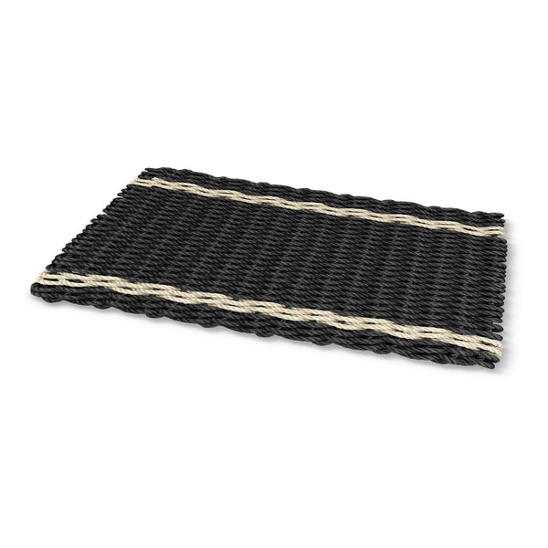Welcome Mat for Outdoors, Wicked Good Lobster Rope Doormat in Black with Light Tan Tailored Stripes